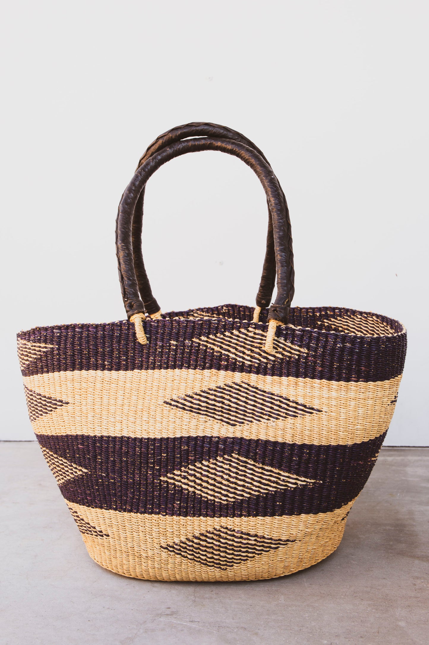 Elephant Grass Tote with Leather Handle - Black Leather with Diamond
