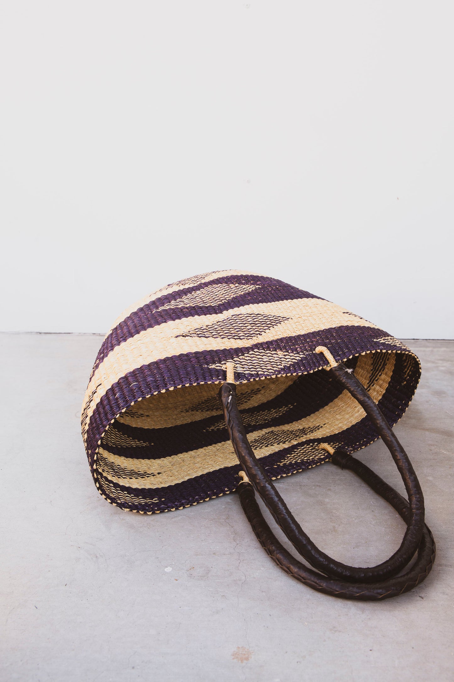 Elephant Grass Tote with Leather Handle - Black Leather with Diamond