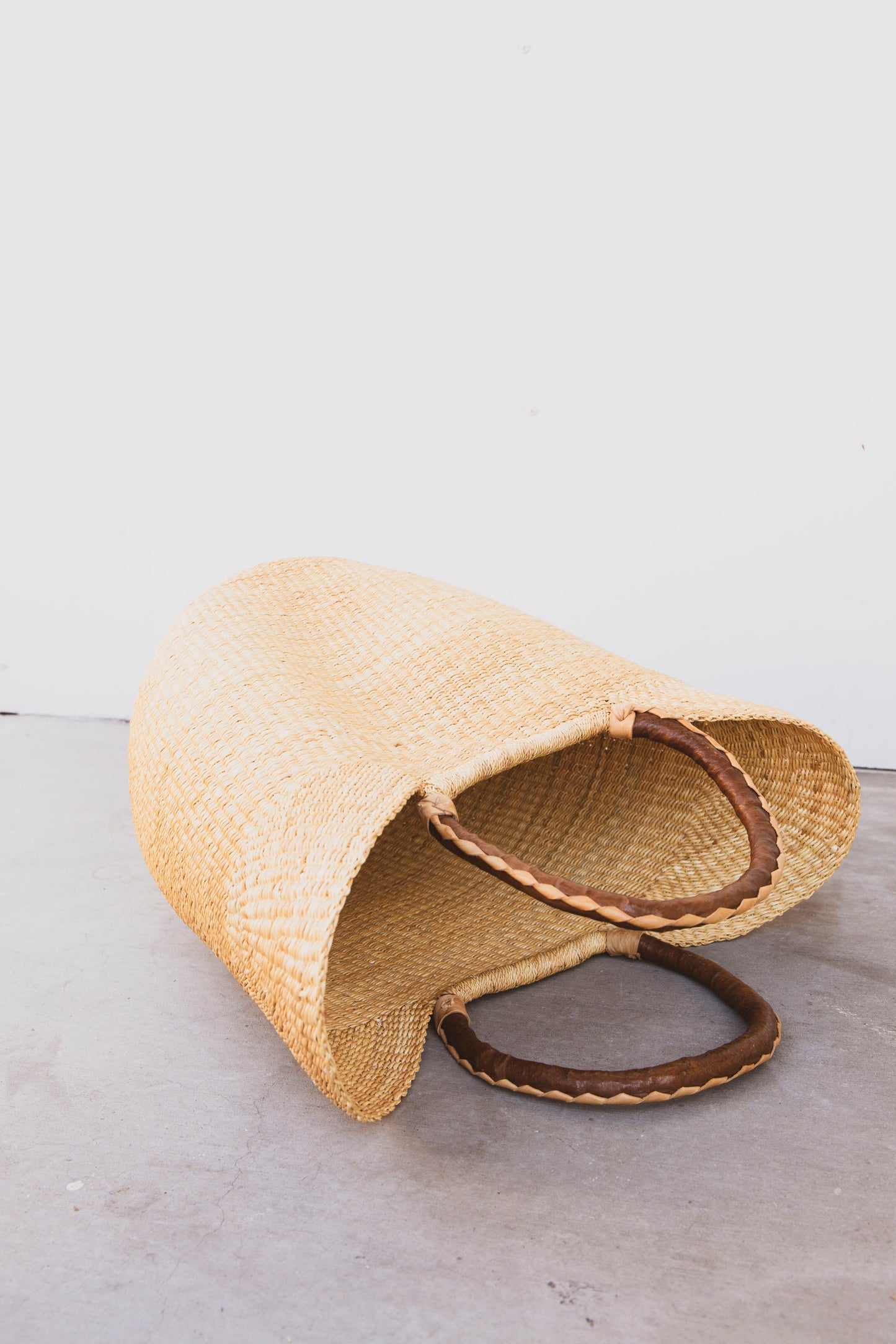 Elephant Grass Shopper with Leather Handle- Brown with Creme