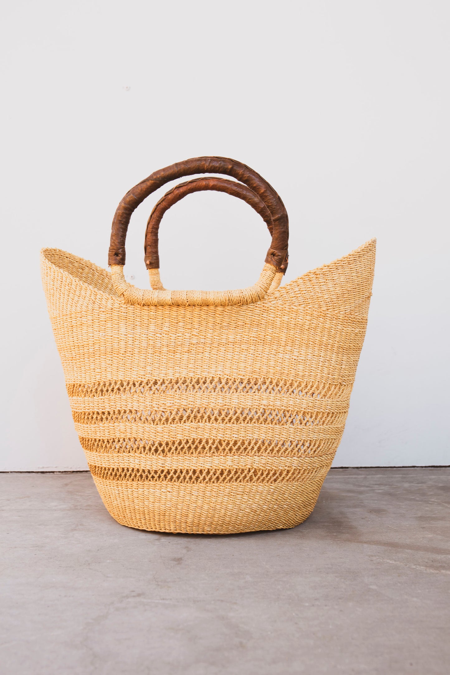 Lacework Elephant Grass Shopper with Leather Handle - Brown