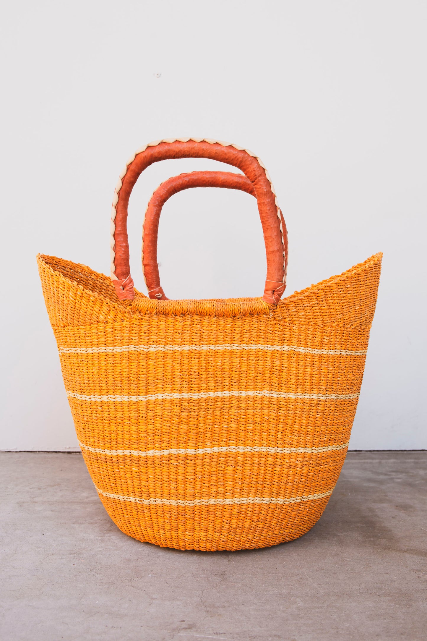 Papaya Elephant Grass Shopper with Leather Handles - Orange