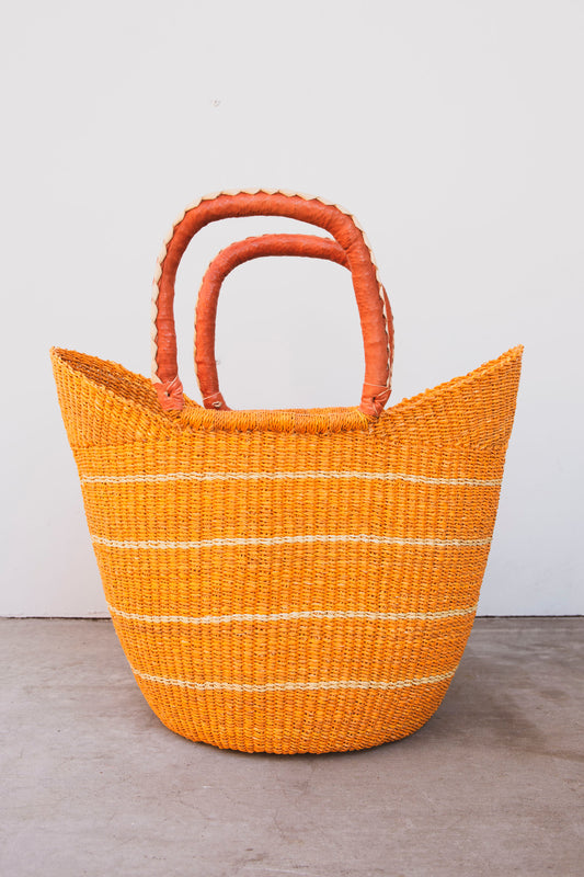 Papaya Elephant Grass Shopper with Leather Handles - Orange