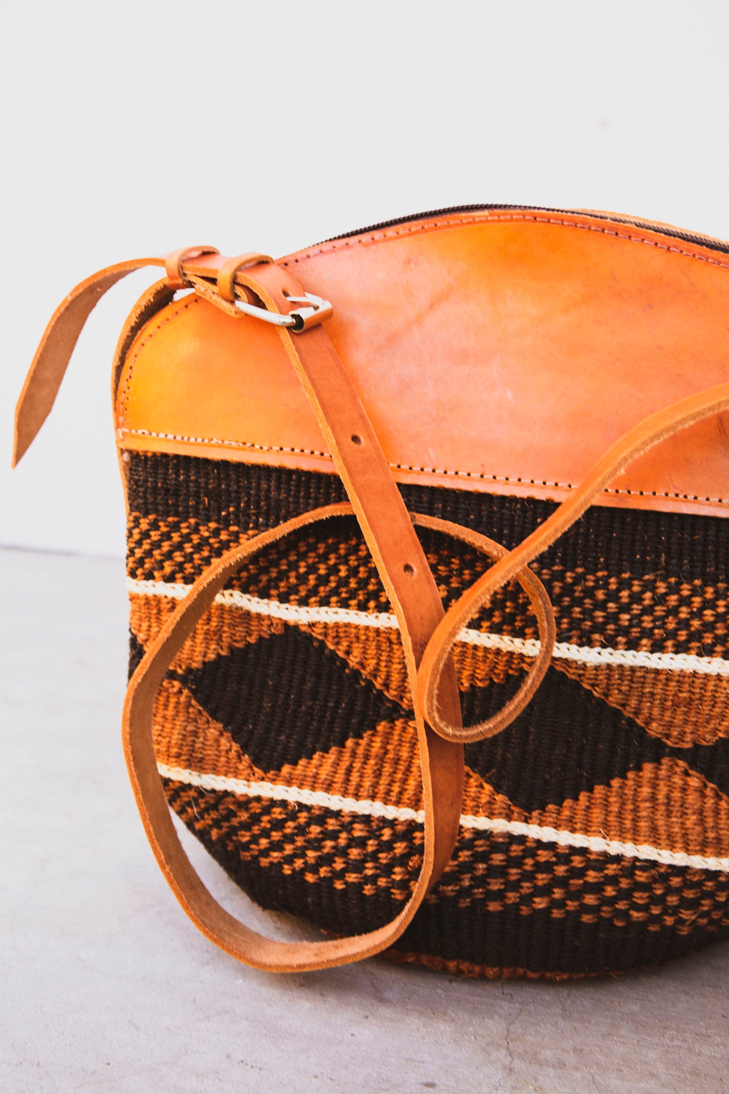 Woven Sisal Handbag with Leather Top
