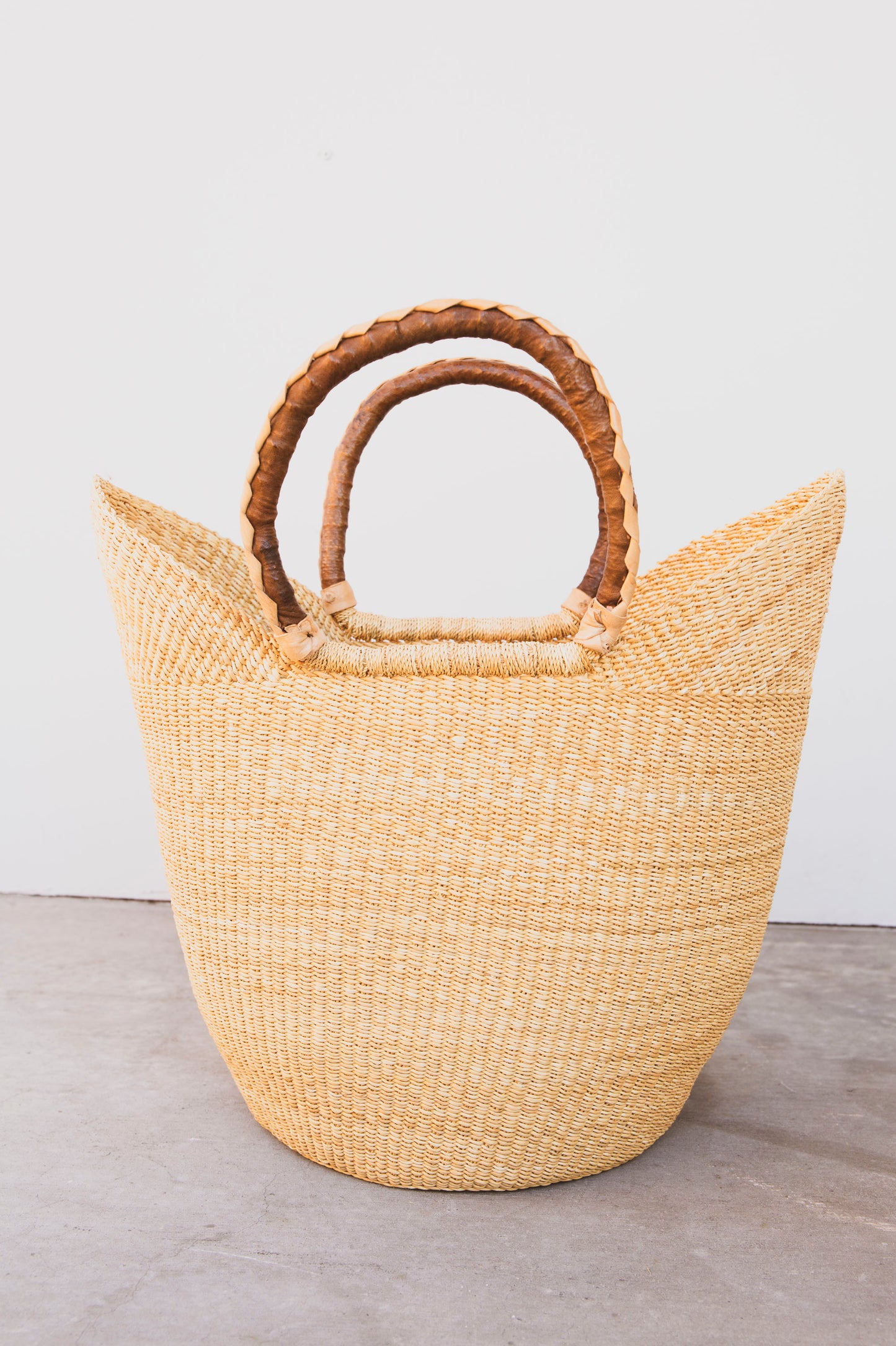 Elephant Grass Shopper with Leather Handle- Brown with Creme