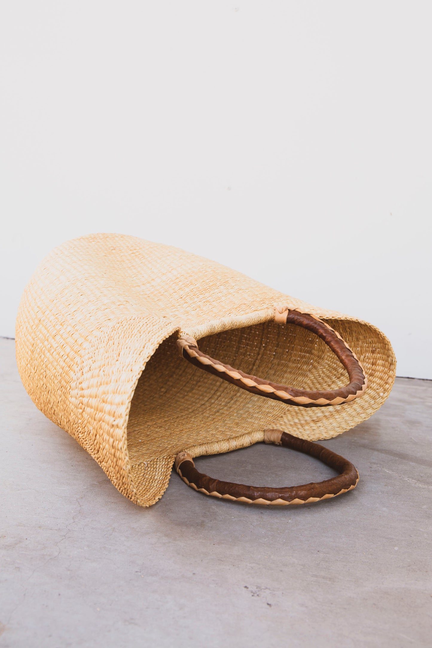 Elephant Grass Shopper with Leather Handle- Brown with Creme